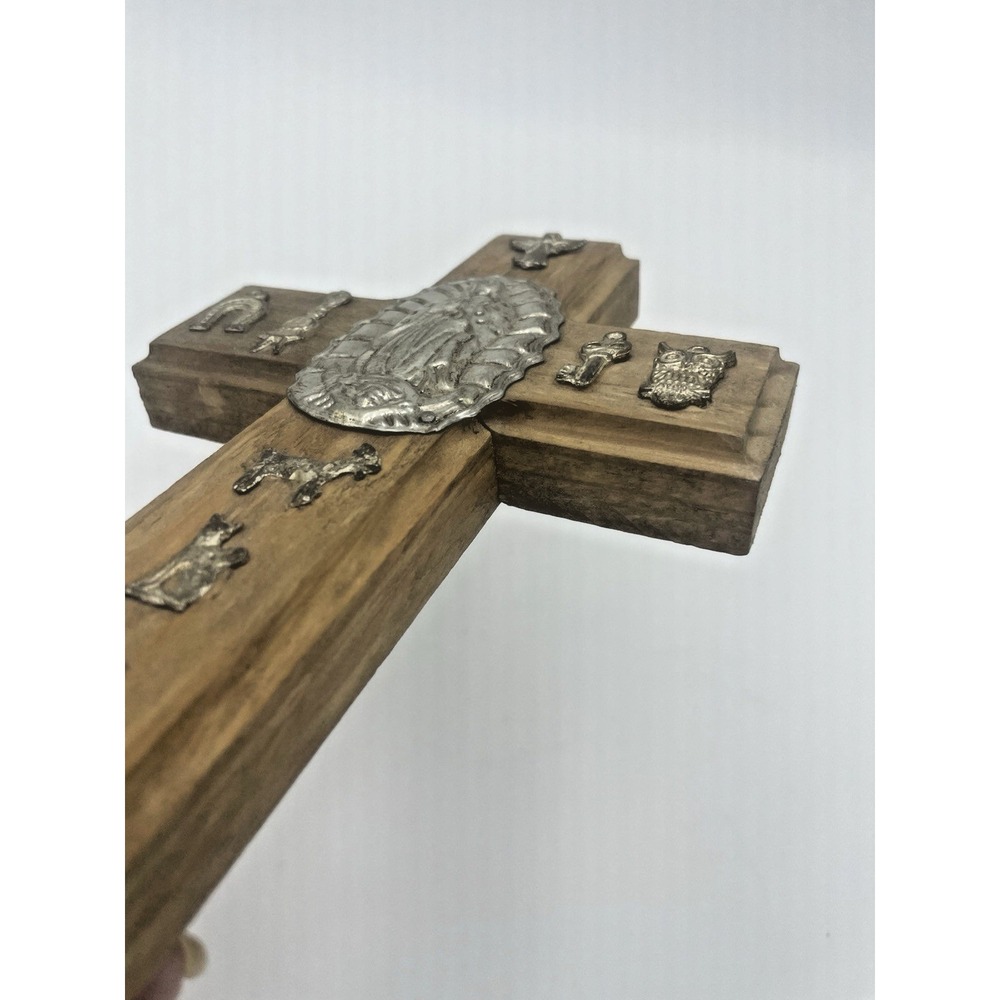 Mexican Folk Art Cross Oremus Mercy Wood Milagros Virgin Mary Religious Crucifix - Picture 6 of 8